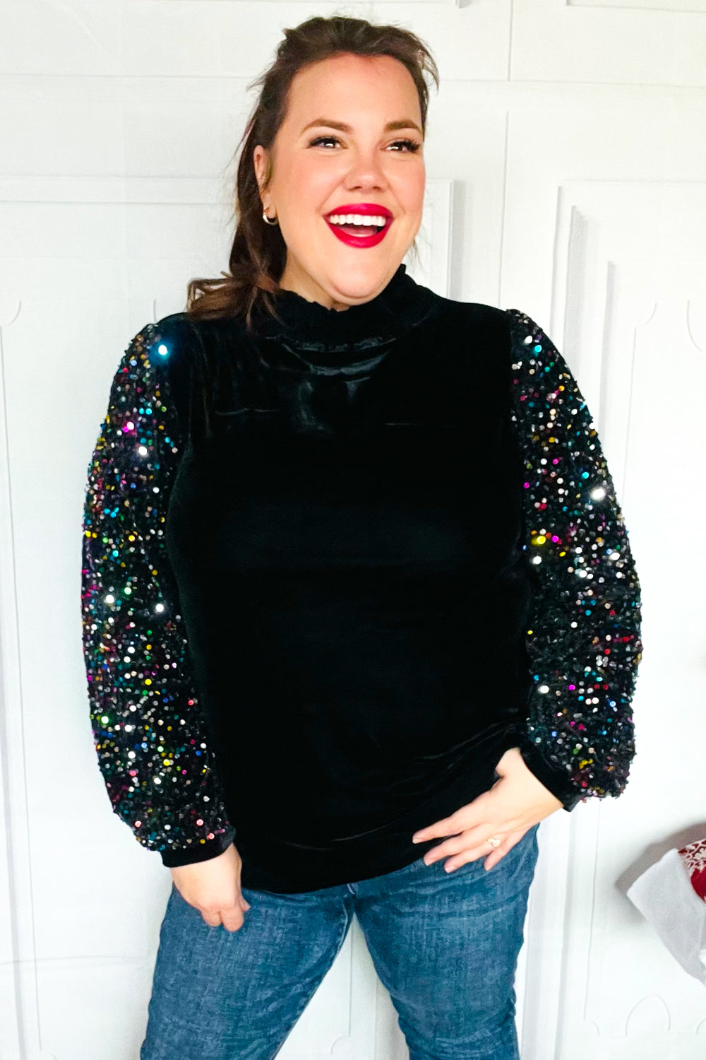 Under the Lights Black Velvet & Sequin Frill Mock Neck Top-Modish Lily, Tecumseh Michigan