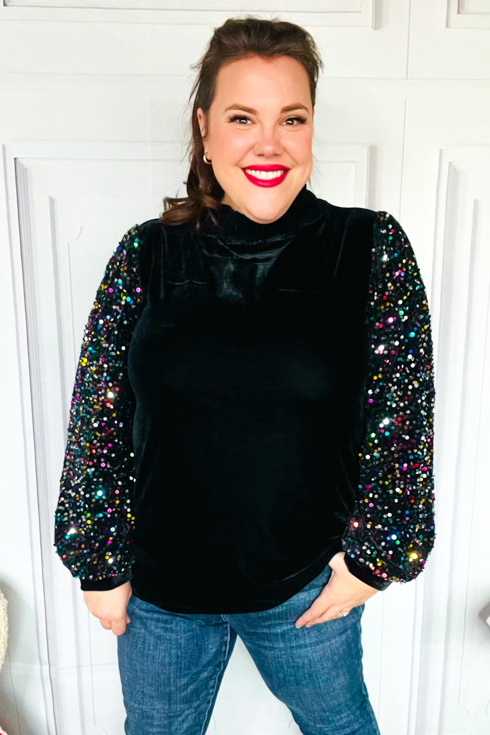 Under the Lights Black Velvet & Sequin Frill Mock Neck Top-Modish Lily, Tecumseh Michigan