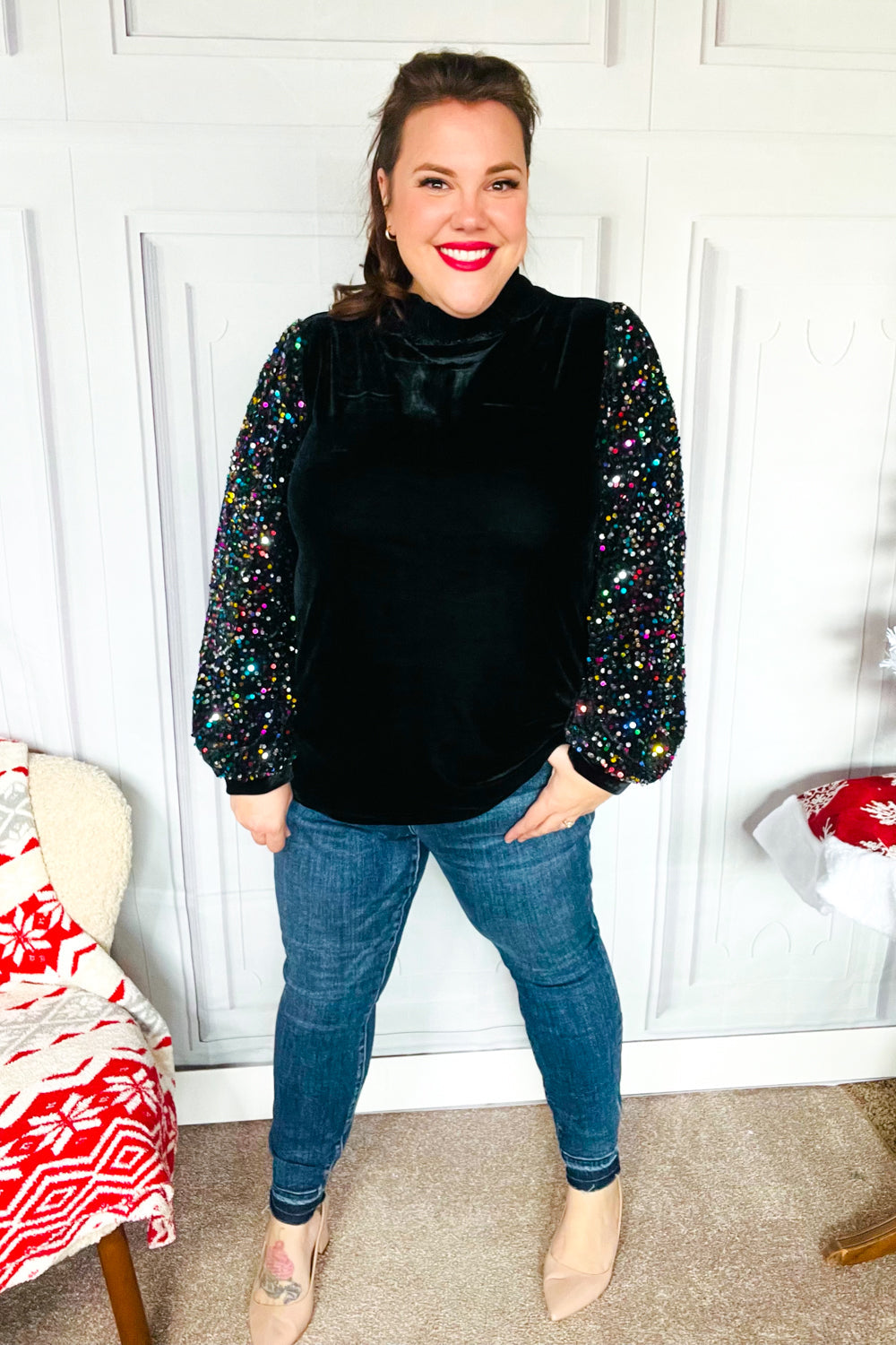 Under the Lights Black Velvet & Sequin Frill Mock Neck Top-Modish Lily, Tecumseh Michigan