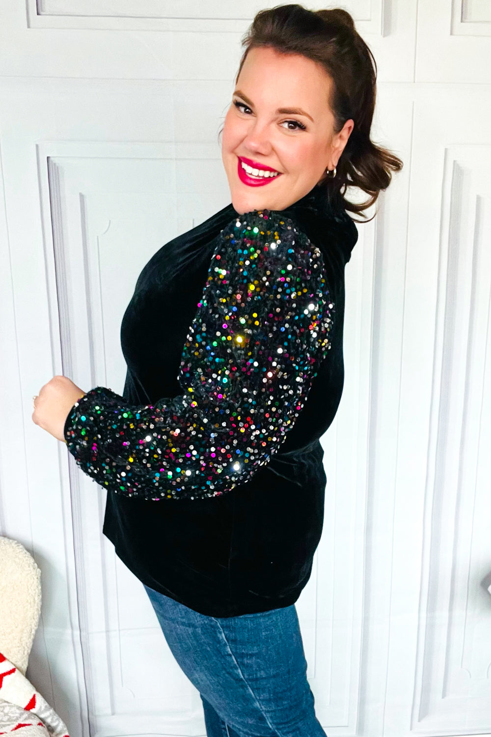 Under the Lights Black Velvet & Sequin Frill Mock Neck Top-Modish Lily, Tecumseh Michigan
