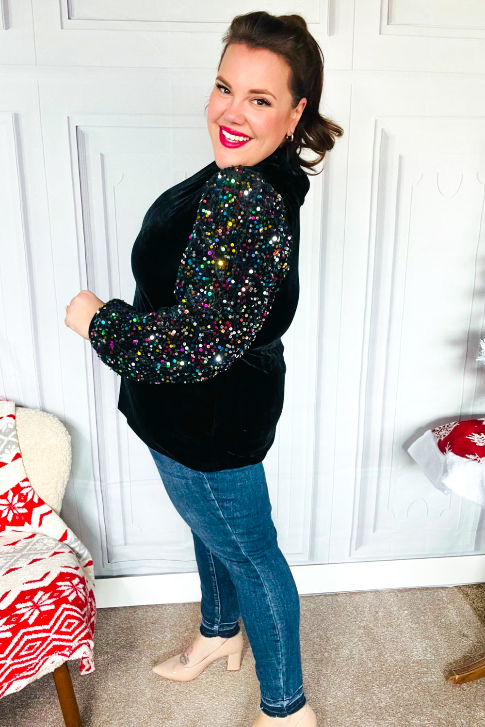 Under the Lights Black Velvet & Sequin Frill Mock Neck Top-Modish Lily, Tecumseh Michigan