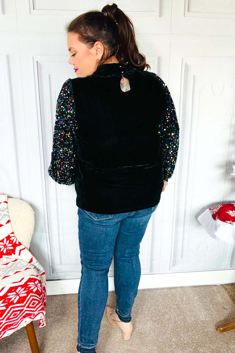 Under the Lights Black Velvet & Sequin Frill Mock Neck Top-Modish Lily, Tecumseh Michigan