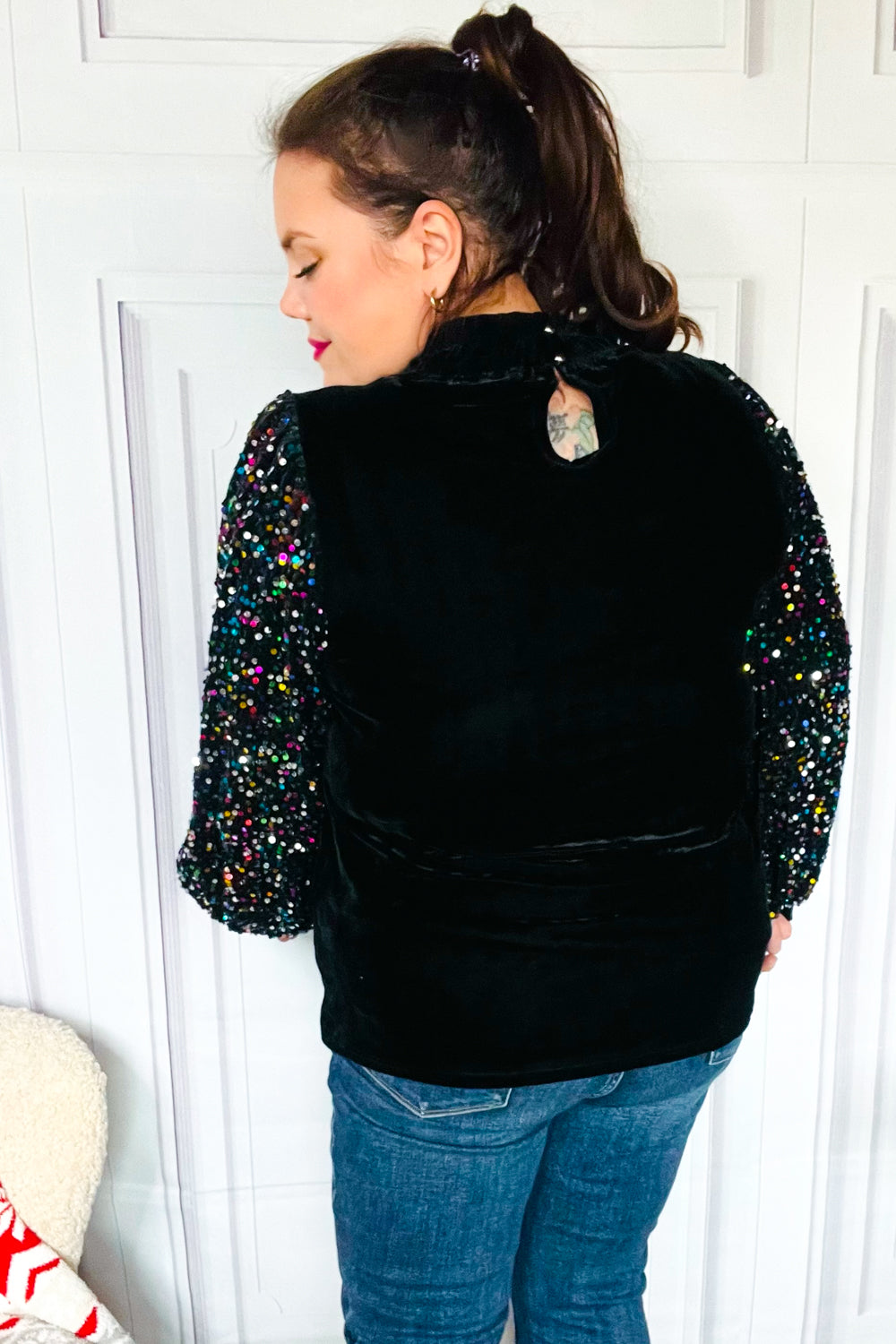 Under the Lights Black Velvet & Sequin Frill Mock Neck Top-Modish Lily, Tecumseh Michigan