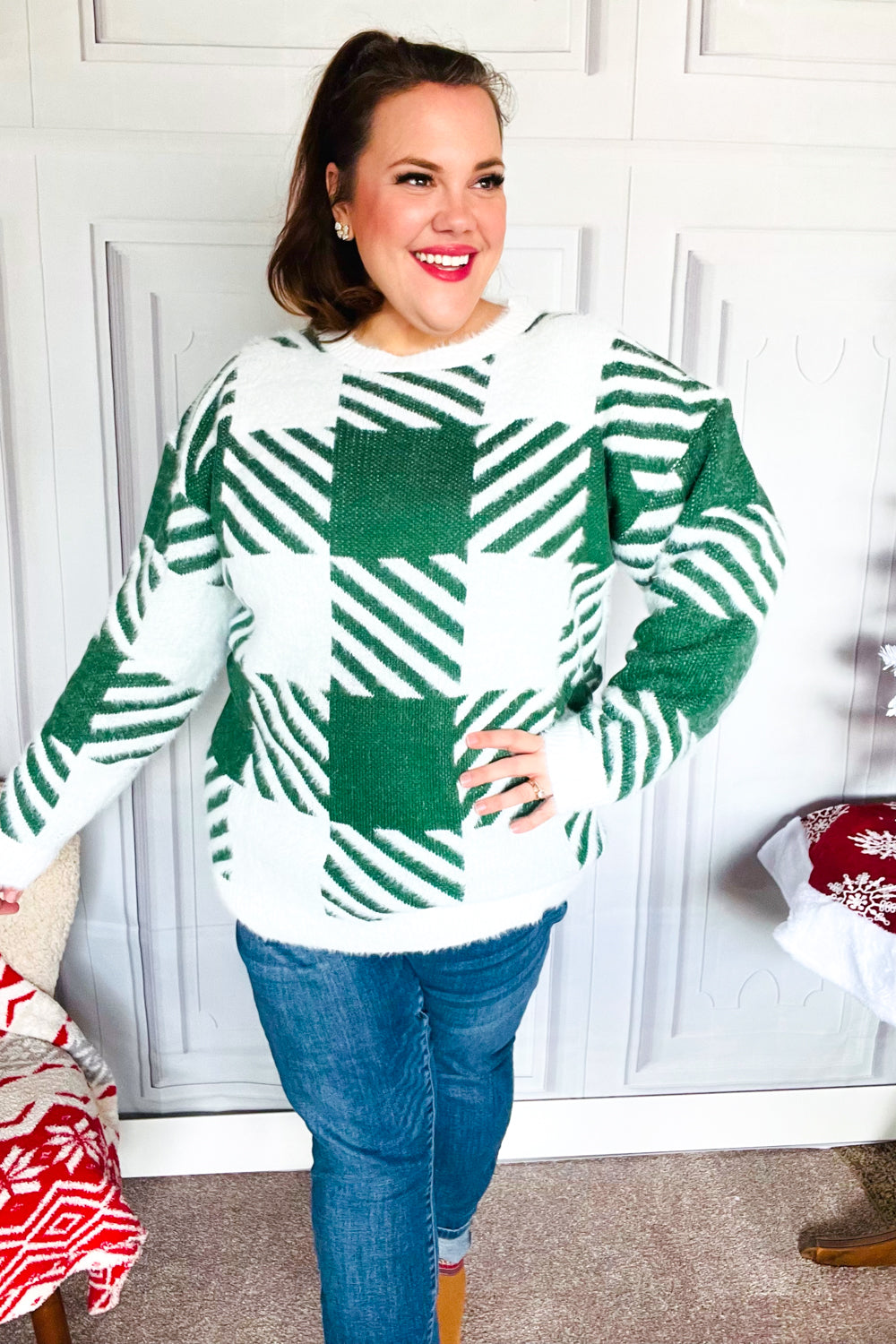 Under The Christmas Tree Green Plaid Soft Brushed Hairy Sweater-2024 Blow-Out Sale-Modish Lily, Tecumseh Michigan