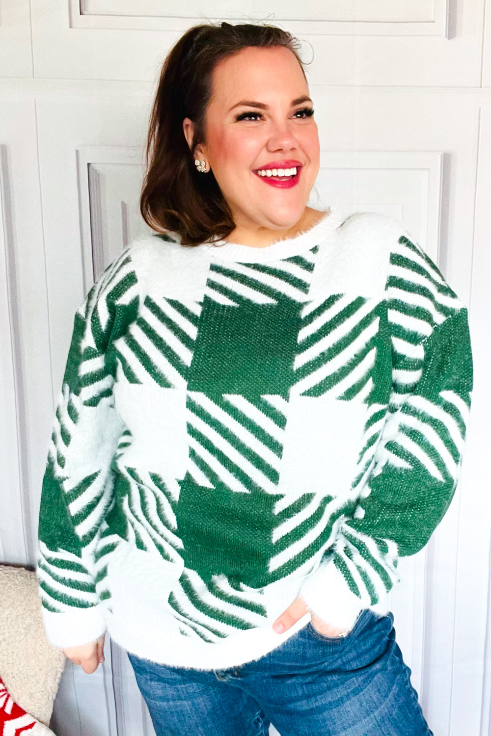 Under The Christmas Tree Green Plaid Soft Brushed Hairy Sweater-2024 Blow-Out Sale-Modish Lily, Tecumseh Michigan