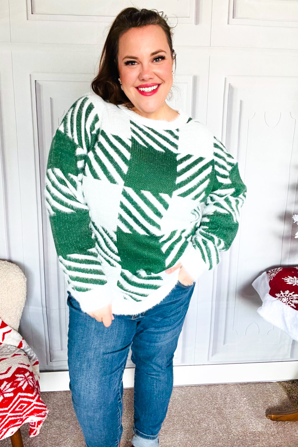 Under The Christmas Tree Green Plaid Soft Brushed Hairy Sweater-2024 Blow-Out Sale-Modish Lily, Tecumseh Michigan