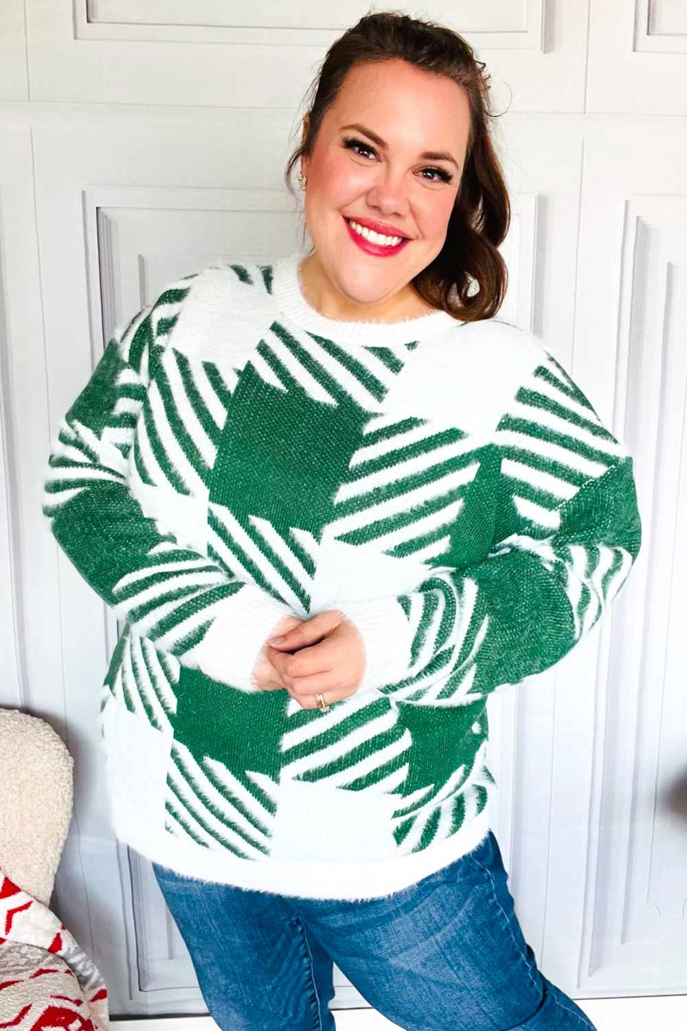Under The Christmas Tree Green Plaid Soft Brushed Hairy Sweater-2024 Blow-Out Sale-Modish Lily, Tecumseh Michigan