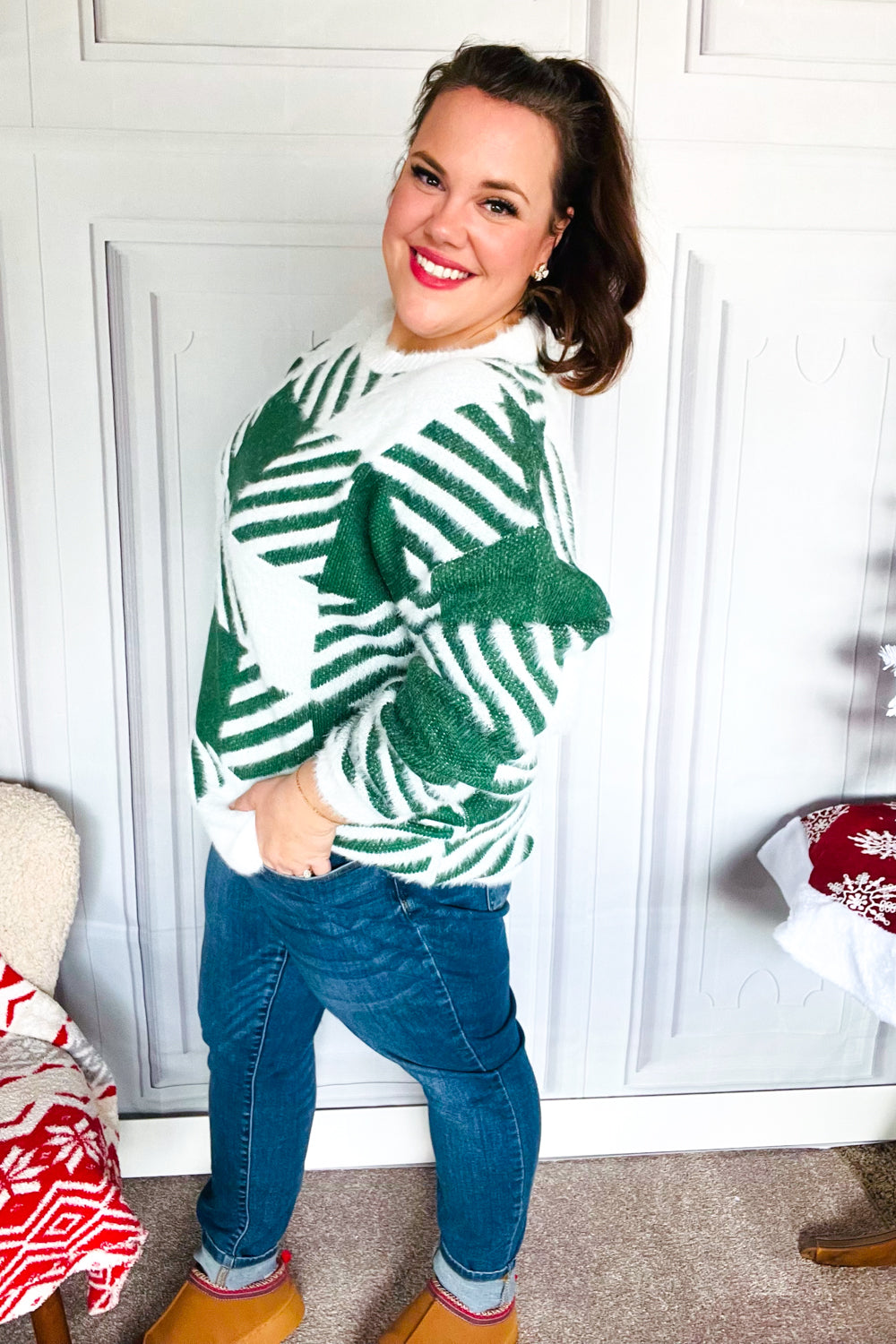 Under The Christmas Tree Green Plaid Soft Brushed Hairy Sweater-2024 Blow-Out Sale-Modish Lily, Tecumseh Michigan
