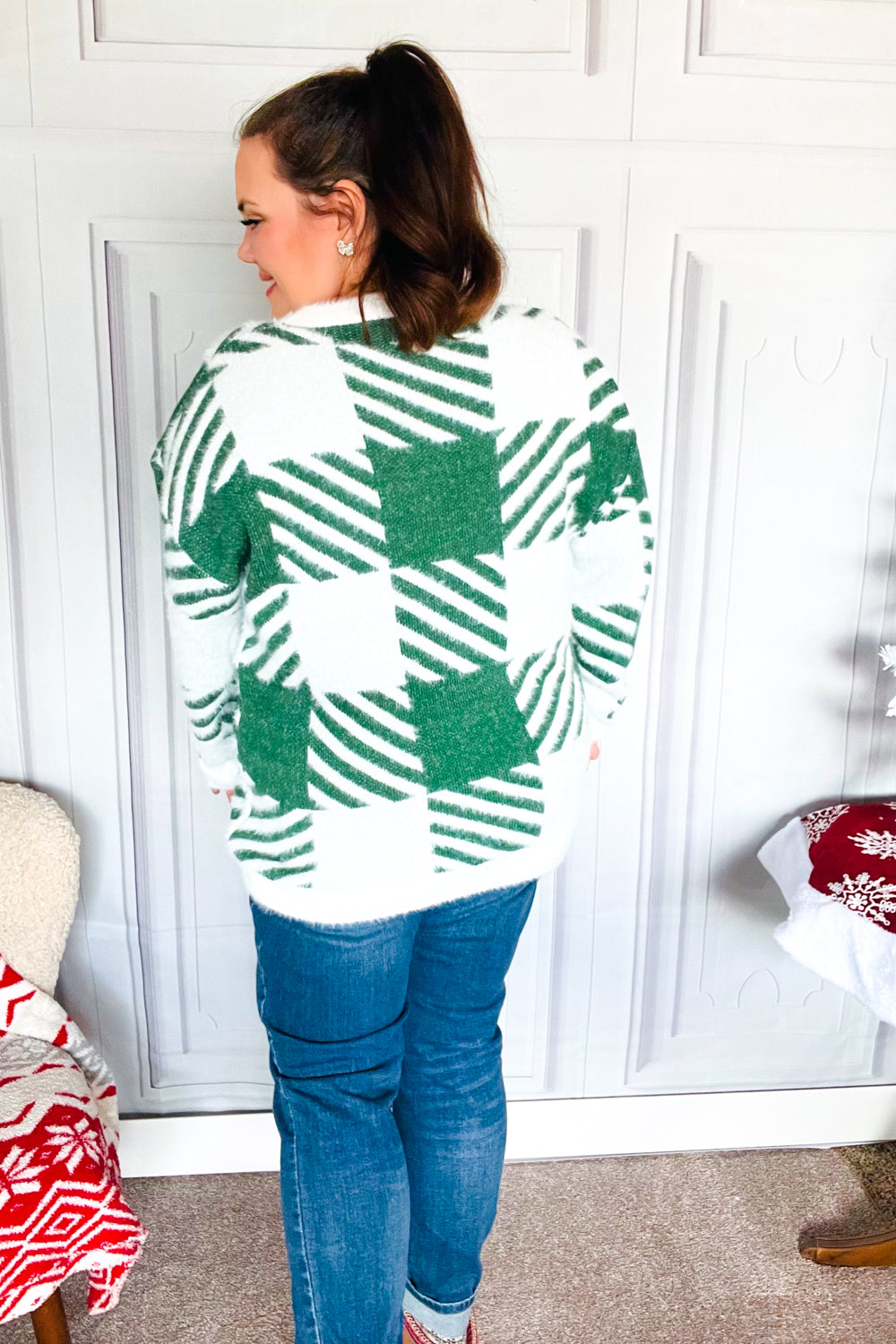 Under The Christmas Tree Green Plaid Soft Brushed Hairy Sweater-2024 Blow-Out Sale-Modish Lily, Tecumseh Michigan