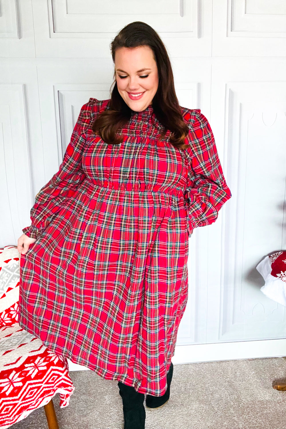 All I Want Hunter Red Plaid Check Woven Pocketed Dress-2024 Blow-Out Sale-Modish Lily, Tecumseh Michigan