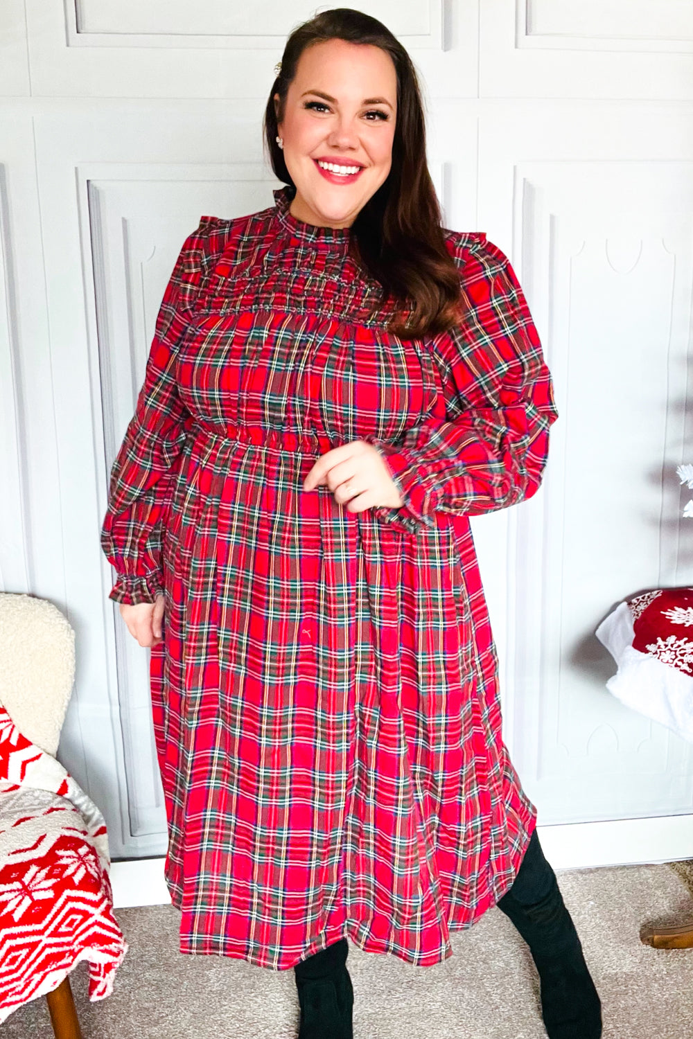 All I Want Hunter Red Plaid Check Woven Pocketed Dress-2024 Blow-Out Sale-Modish Lily, Tecumseh Michigan