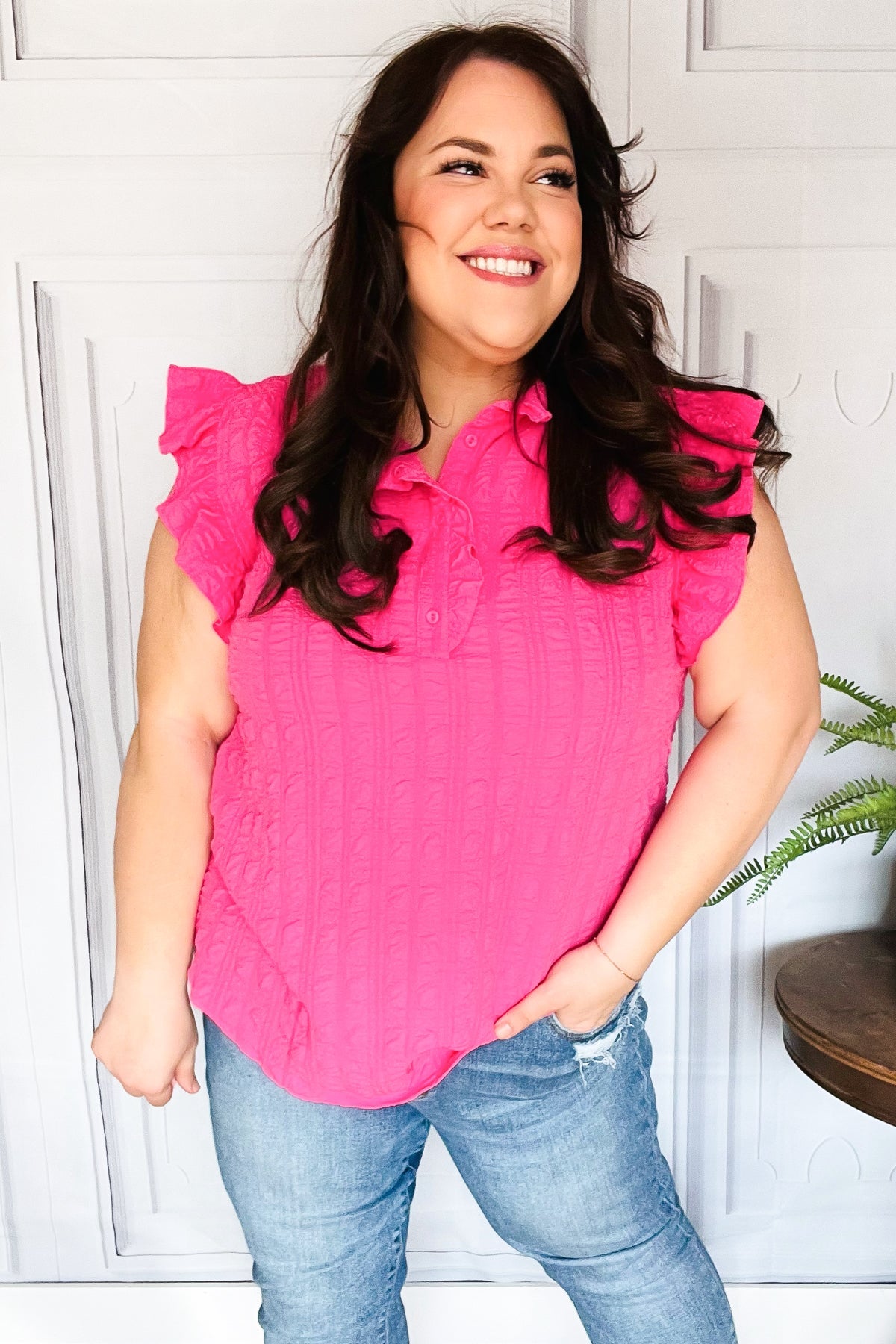 Glamorous In Hot Pink Textured Ruffle Mock Neck Top-Modish Lily, Tecumseh Michigan