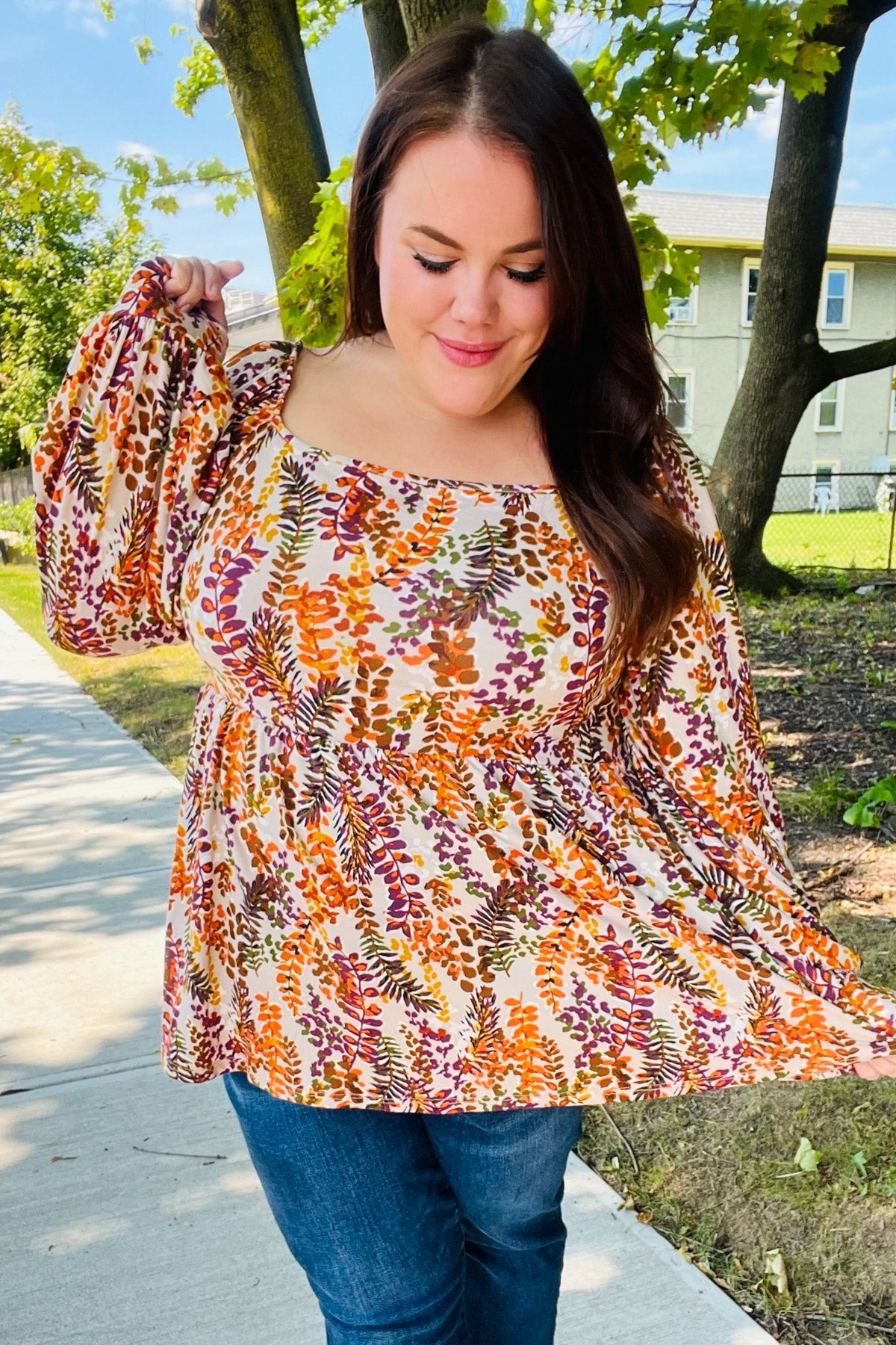 Fall in Love Taupe & Rust Floral Print Babydoll Bubble Sleeve Top-Modish Lily, Tecumseh Michigan