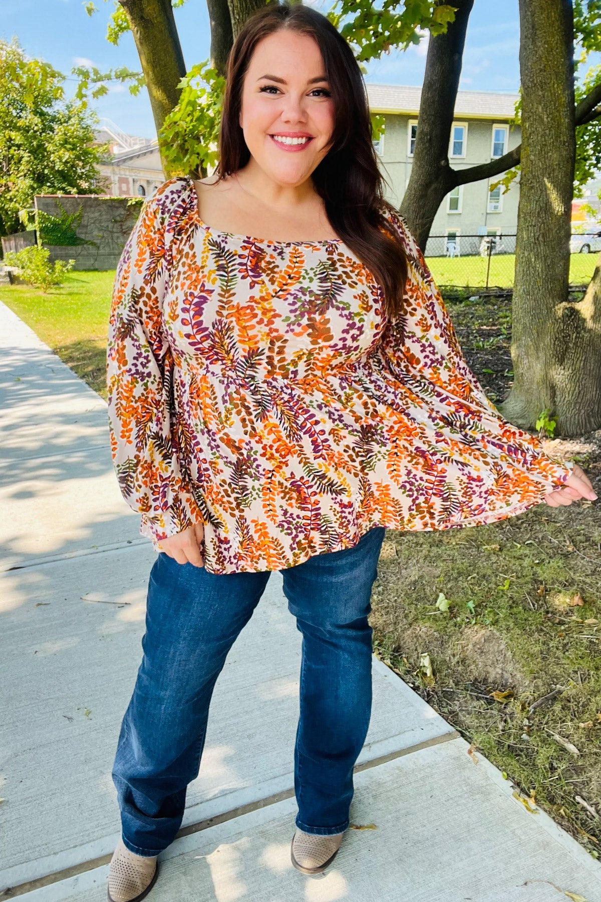 Fall in Love Taupe & Rust Floral Print Babydoll Bubble Sleeve Top-Modish Lily, Tecumseh Michigan