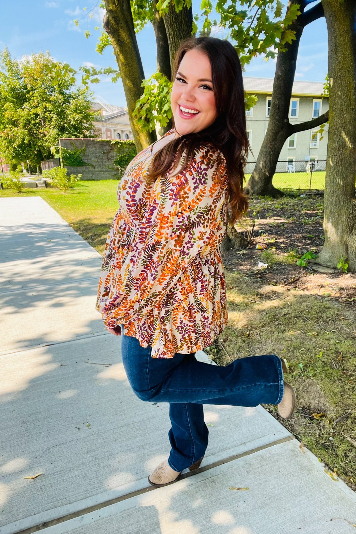 Fall in Love Taupe & Rust Floral Print Babydoll Bubble Sleeve Top-Modish Lily, Tecumseh Michigan