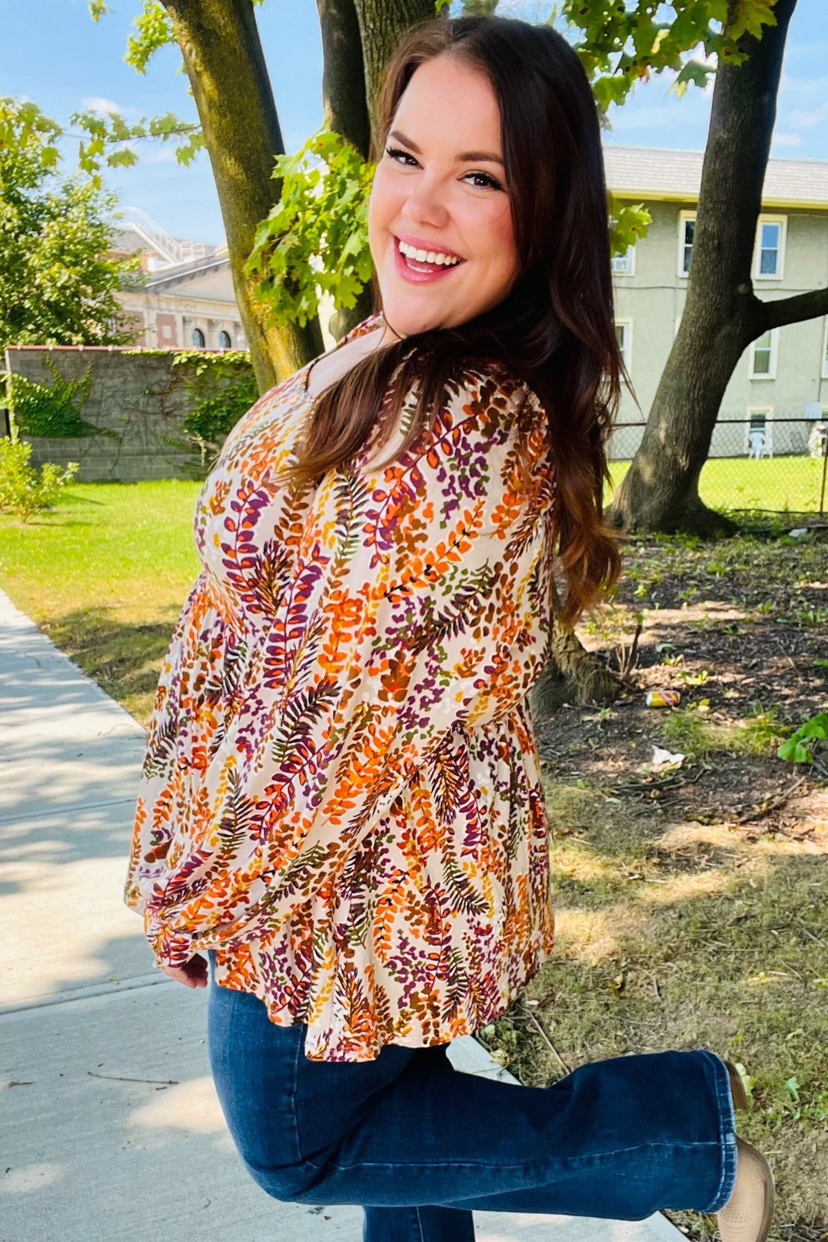 Fall in Love Taupe & Rust Floral Print Babydoll Bubble Sleeve Top-Modish Lily, Tecumseh Michigan