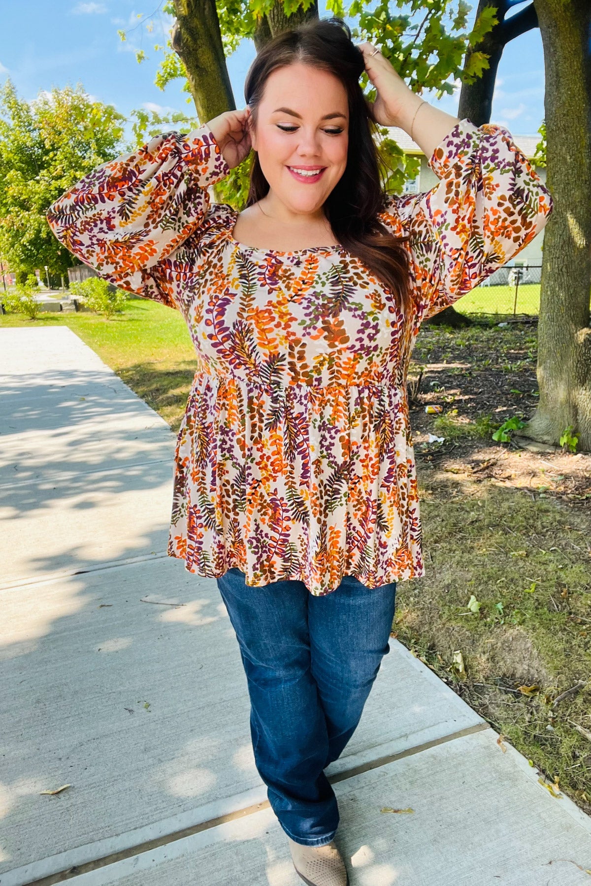 Fall in Love Taupe & Rust Floral Print Babydoll Bubble Sleeve Top-Modish Lily, Tecumseh Michigan