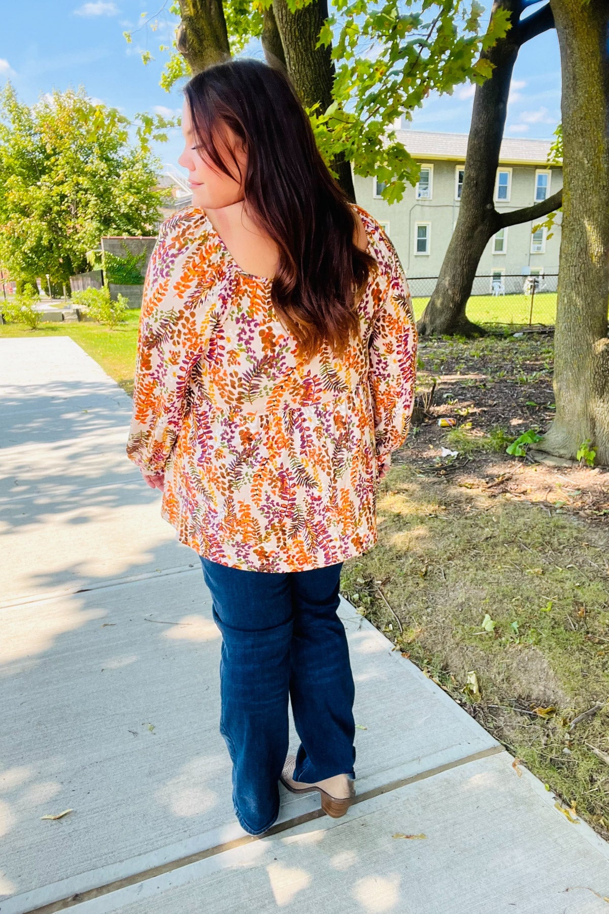 Fall in Love Taupe & Rust Floral Print Babydoll Bubble Sleeve Top-Modish Lily, Tecumseh Michigan