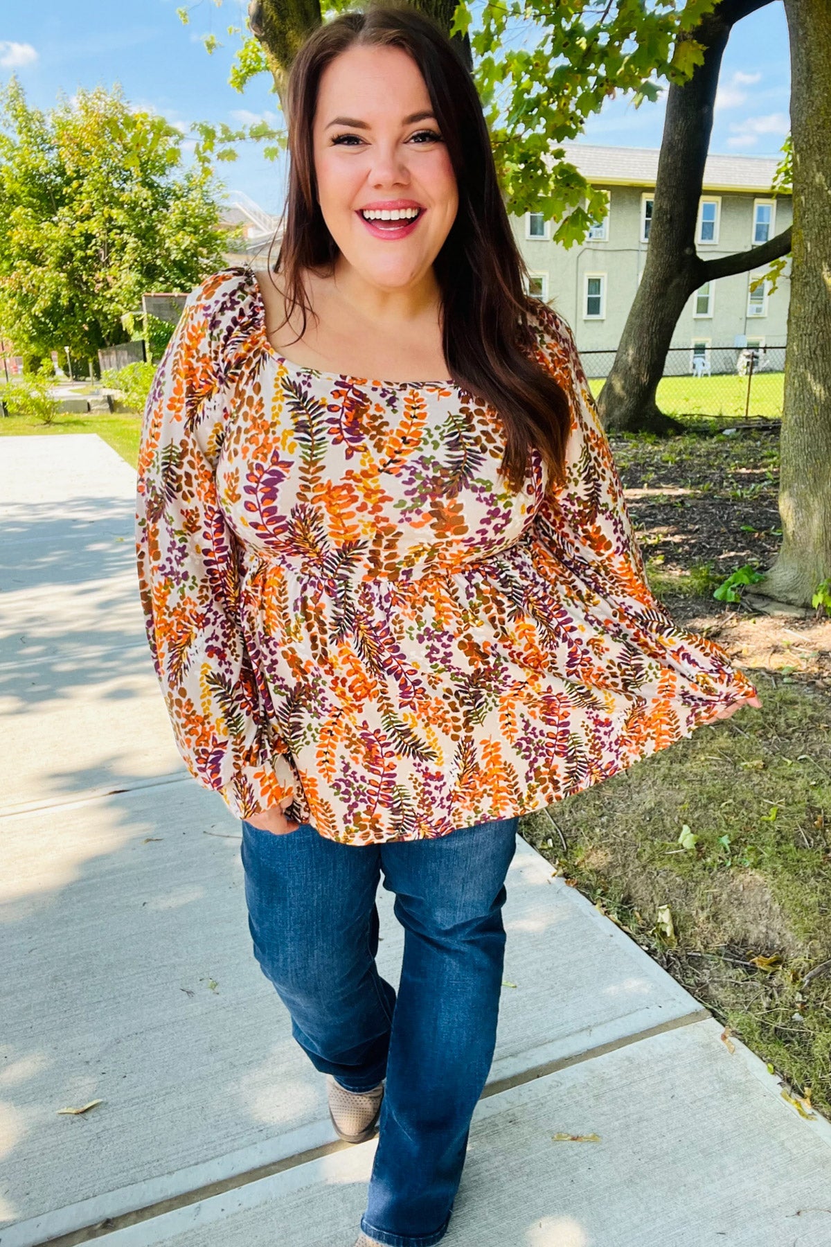 Fall in Love Taupe & Rust Floral Print Babydoll Bubble Sleeve Top-Modish Lily, Tecumseh Michigan