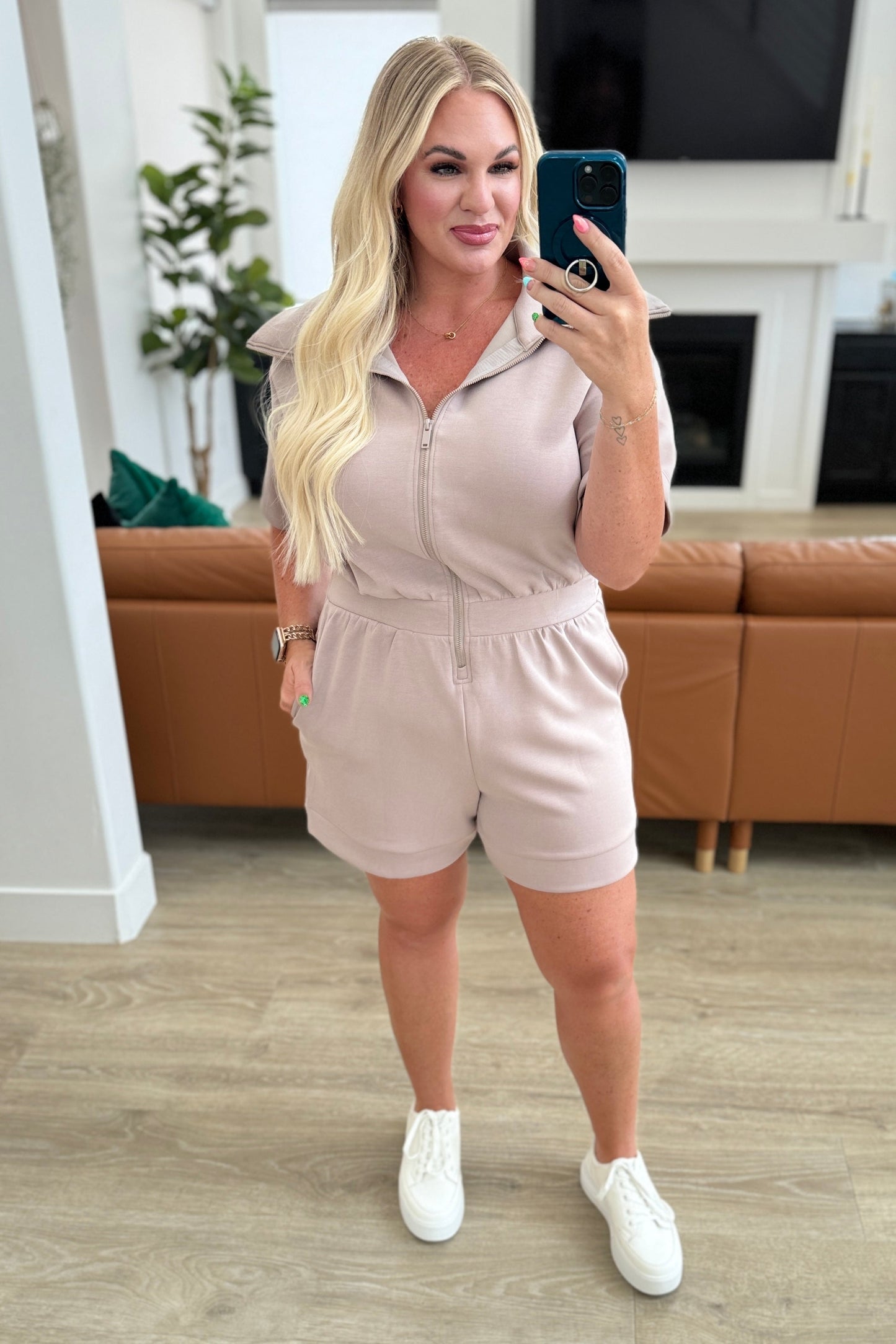 Active Aura Collared Romper in Mocha-Jumpsuits & Rompers-Modish Lily, Tecumseh Michigan