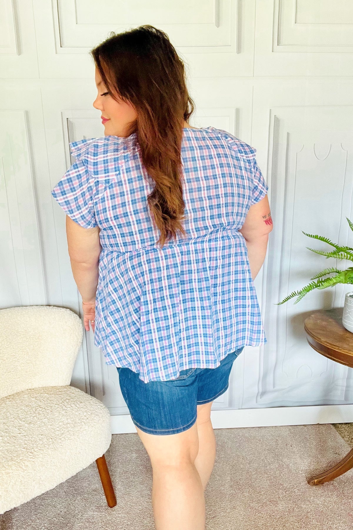 Hello Beautiful Blue Plaid V Neck Ruffle Elastic Babydoll Top-2024 Blow-Out Sale-Modish Lily, Tecumseh Michigan