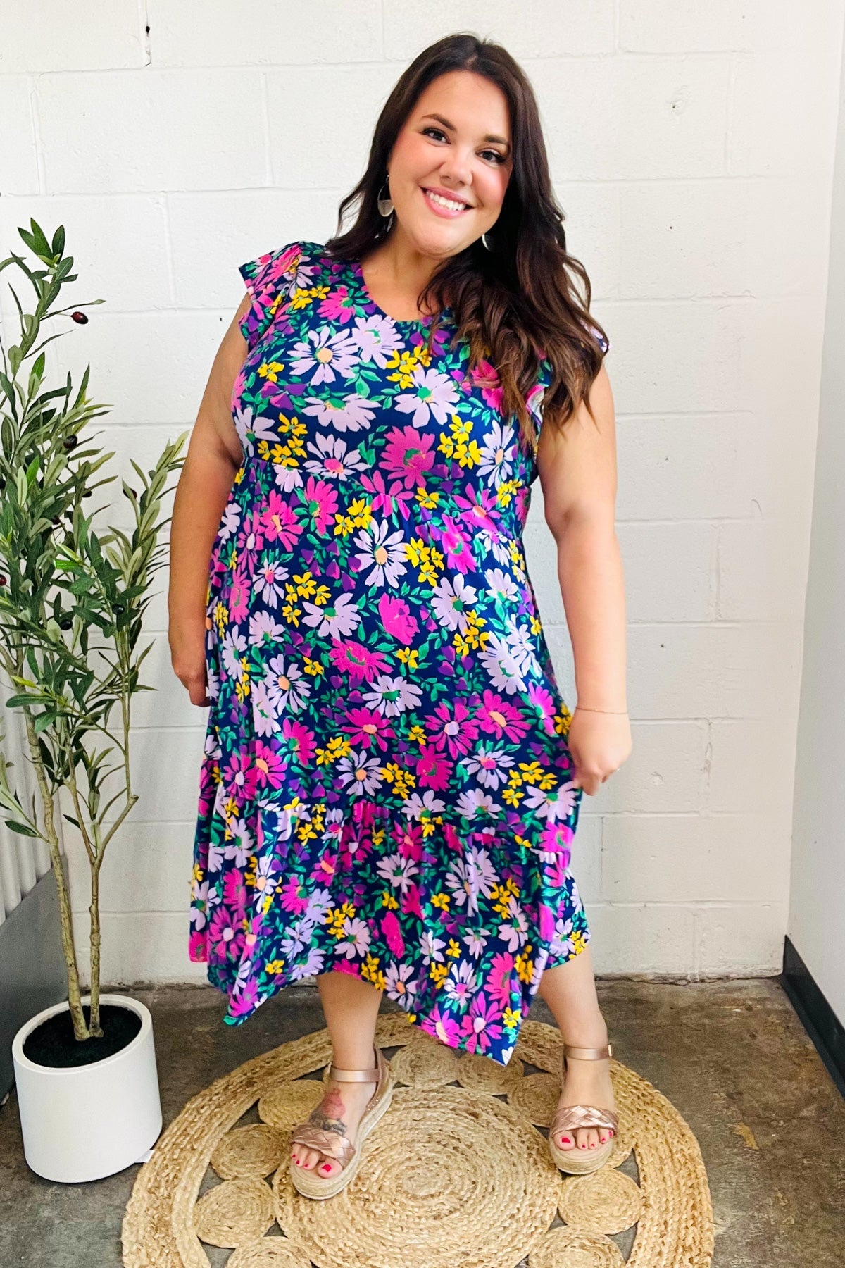 Diva Dreams Navy & Lilac Floral Fit & Flare Midi Dress-Modish Lily, Tecumseh Michigan