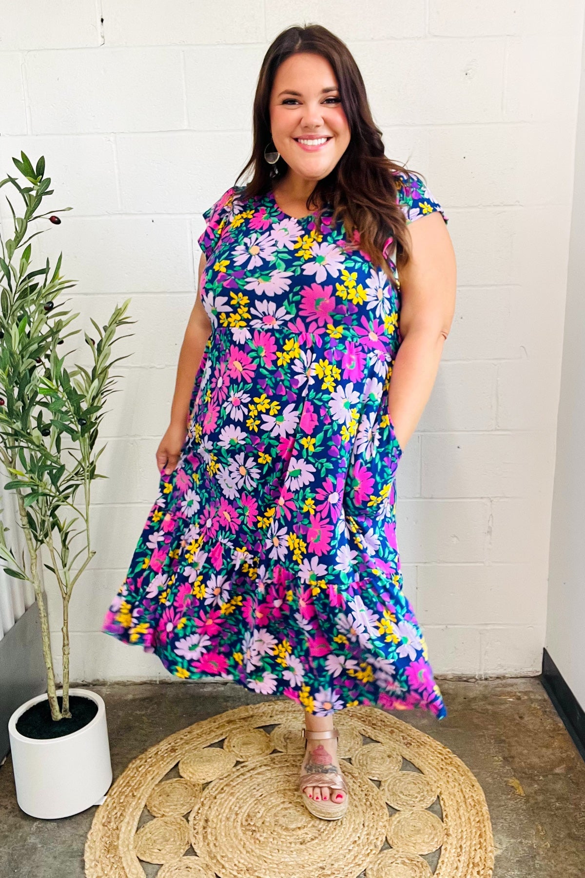 Diva Dreams Navy & Lilac Floral Fit & Flare Midi Dress-Modish Lily, Tecumseh Michigan
