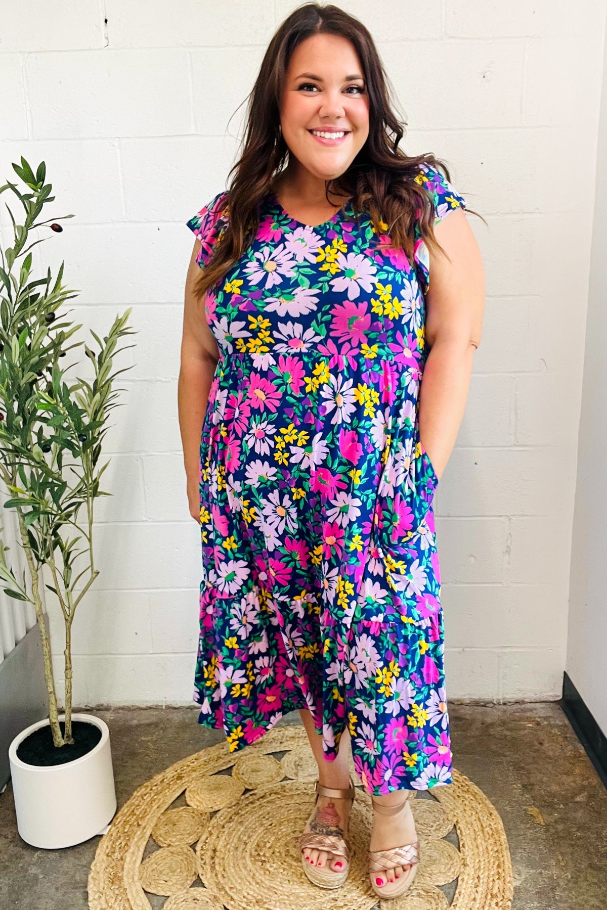 Diva Dreams Navy & Lilac Floral Fit & Flare Midi Dress-Modish Lily, Tecumseh Michigan