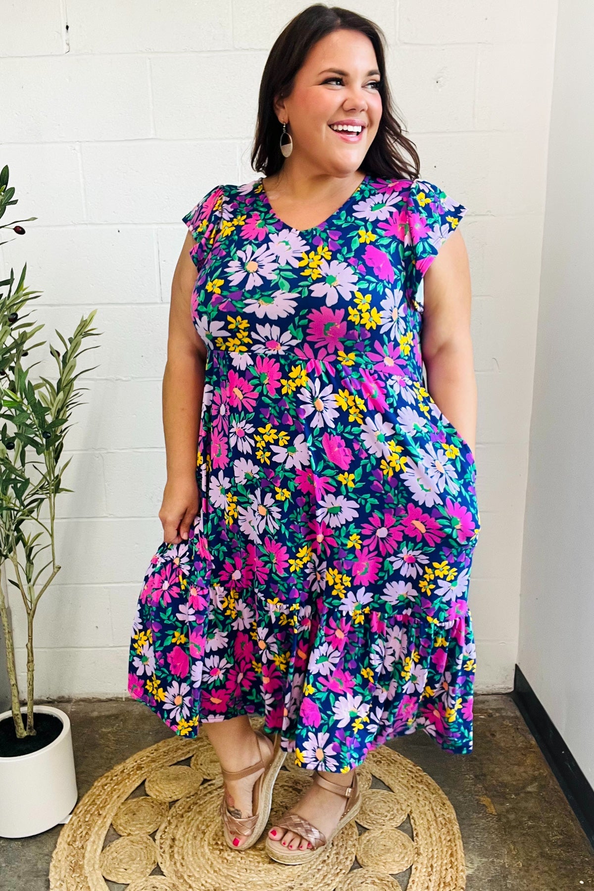 Diva Dreams Navy & Lilac Floral Fit & Flare Midi Dress-Modish Lily, Tecumseh Michigan