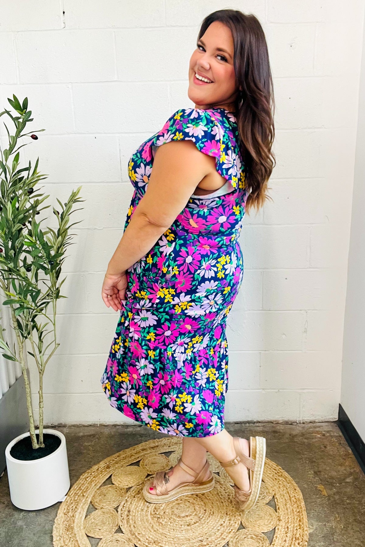 Diva Dreams Navy & Lilac Floral Fit & Flare Midi Dress-Modish Lily, Tecumseh Michigan