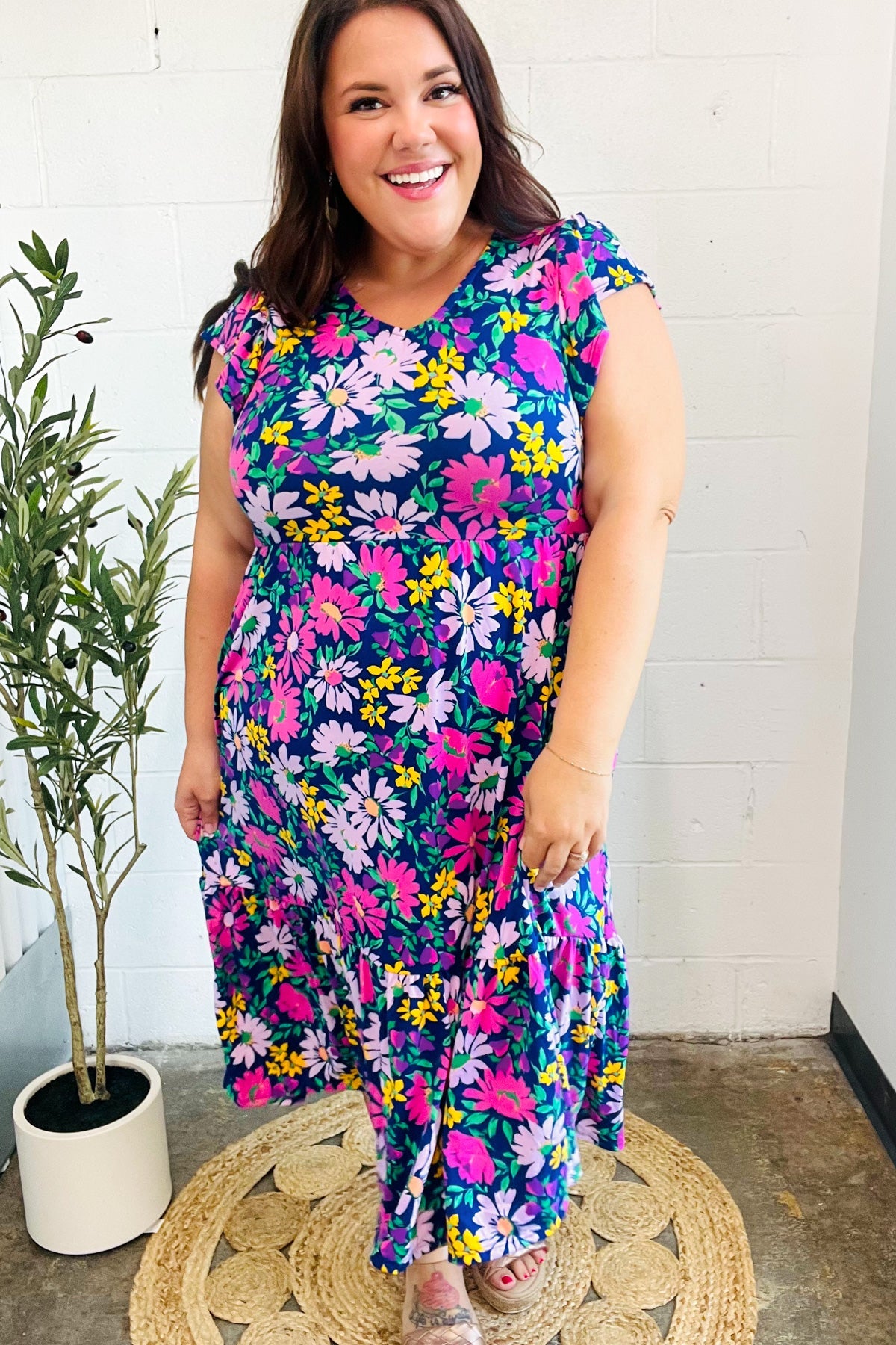 Diva Dreams Navy & Lilac Floral Fit & Flare Midi Dress-Modish Lily, Tecumseh Michigan