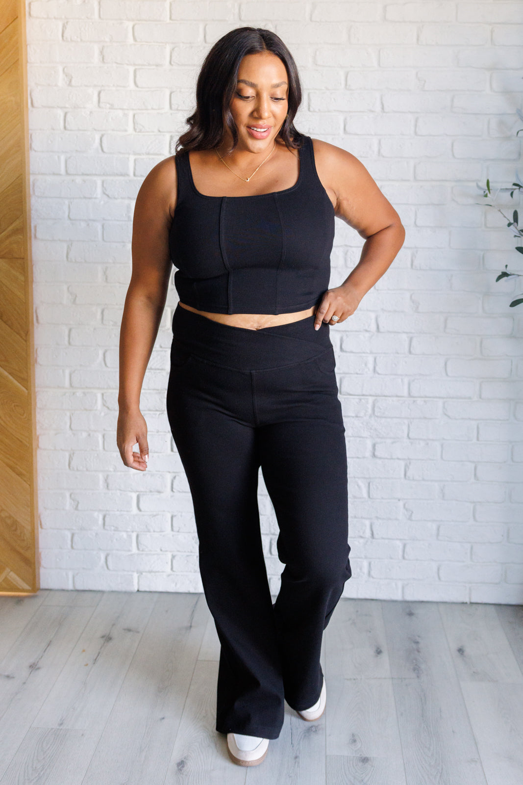 It's All About the Balance Twill Square Neck Crop Top in Black-Tops-Modish Lily, Tecumseh Michigan