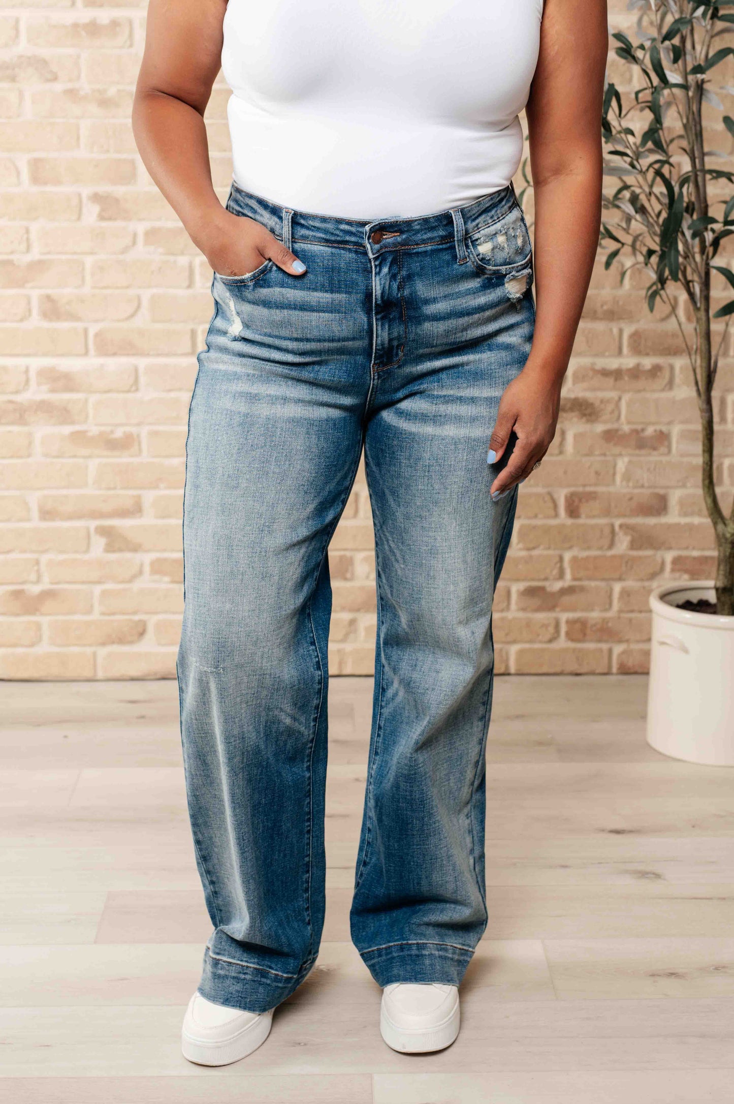 Katrina High Waist Distressed Denim Trousers-Denim-Modish Lily, Tecumseh Michigan