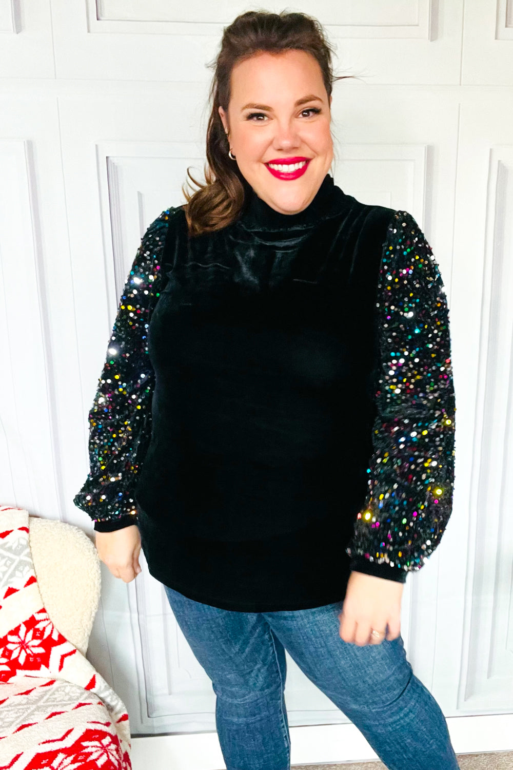 Under the Lights Black Velvet & Sequin Frill Mock Neck Top-Modish Lily, Tecumseh Michigan