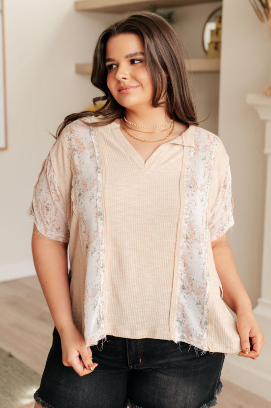 Mention Me Floral Accent Top in Toasted Almond-Tops-Modish Lily, Tecumseh Michigan