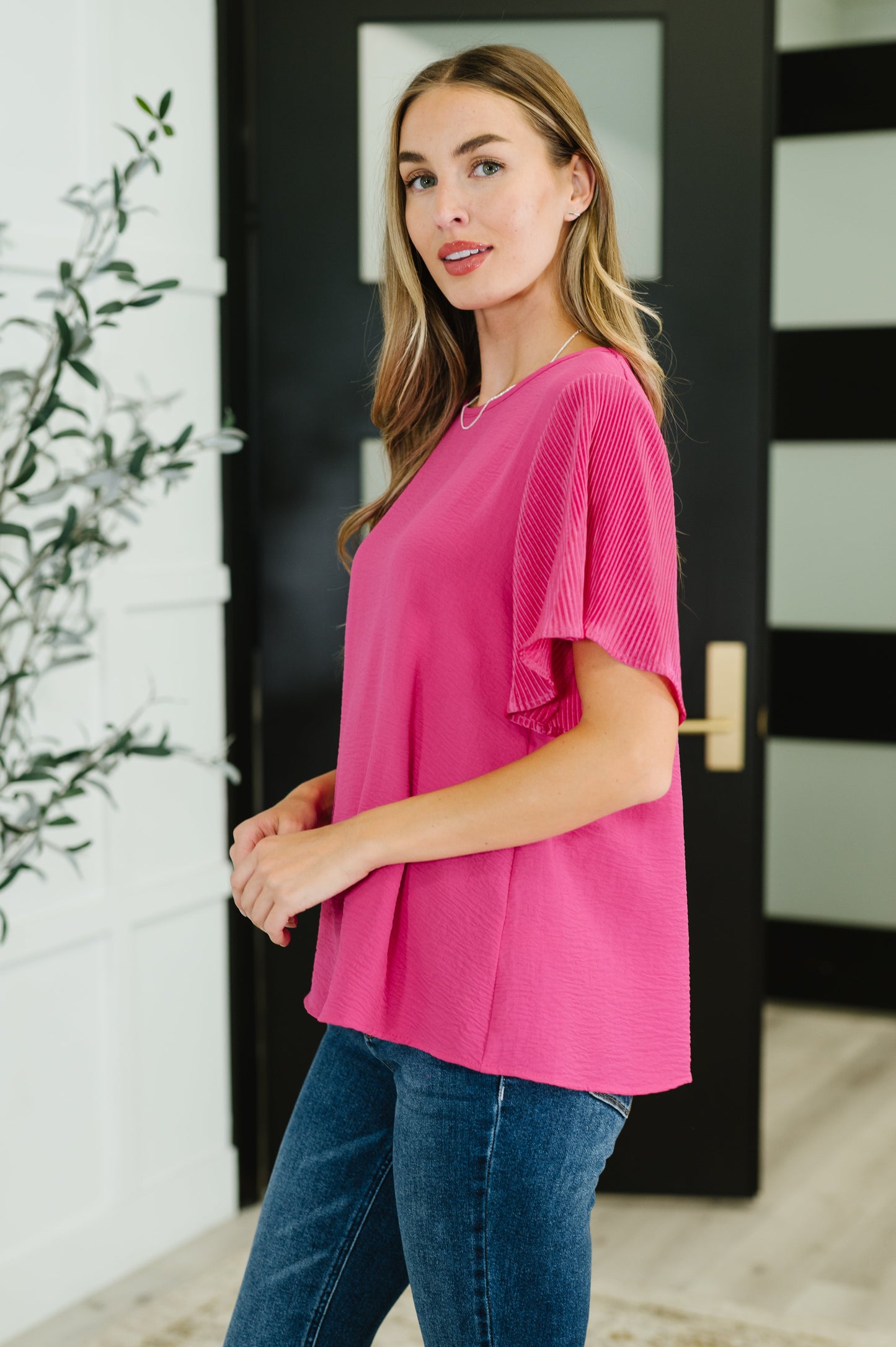 Pink and Perfect Ruffle Sleeve Top-Tops-Modish Lily, Tecumseh Michigan