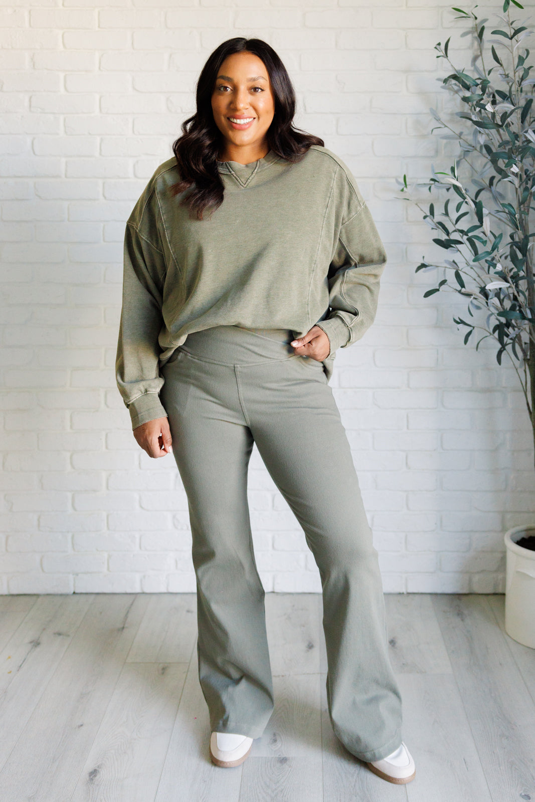 Building Habits Twill Flared Crossover Waist Pant in Dusty Olive-Bottoms-Modish Lily, Tecumseh Michigan