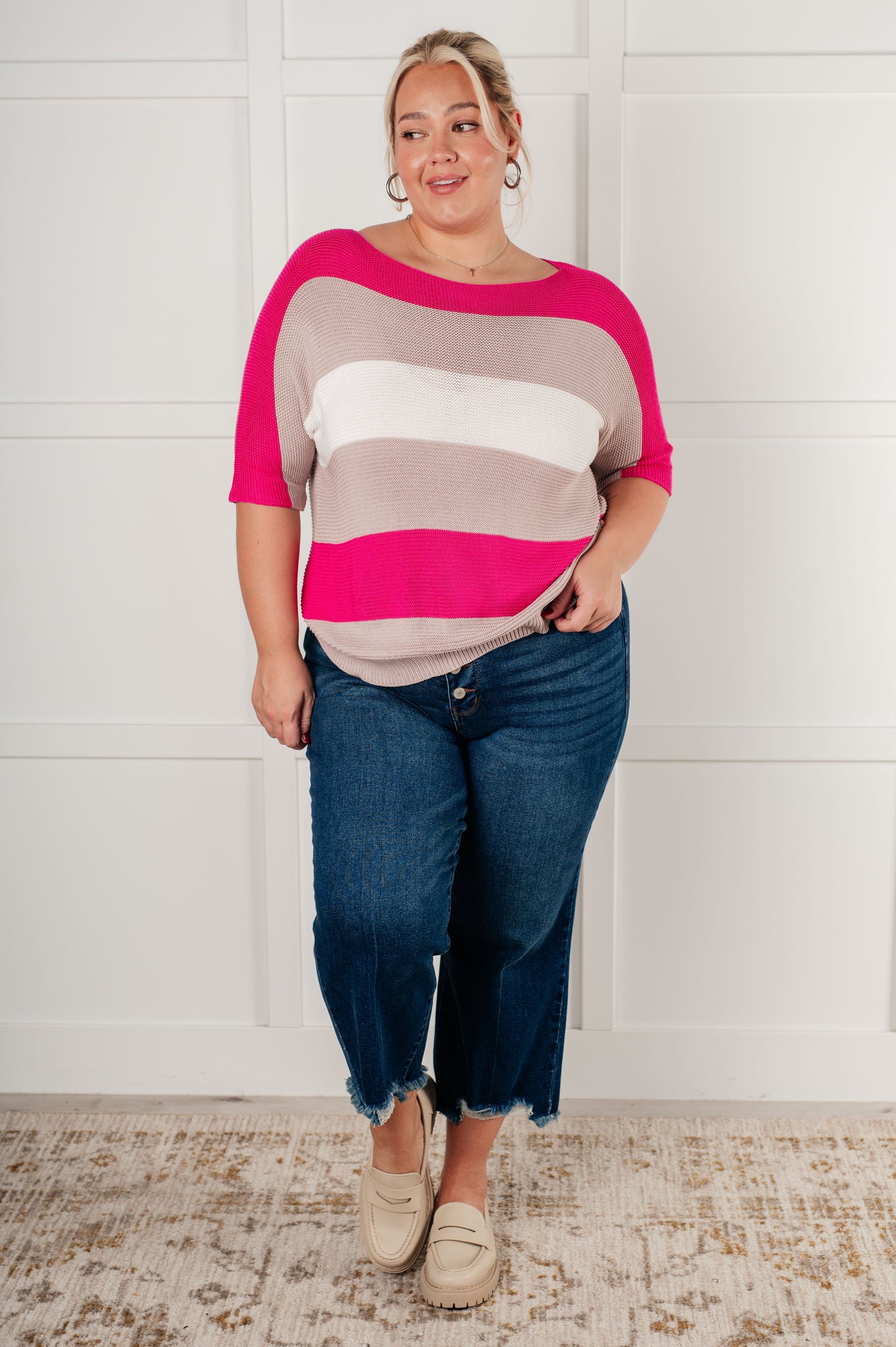 Rows Of Rose Short Sleeve Knit Top-Tops-Modish Lily, Tecumseh Michigan