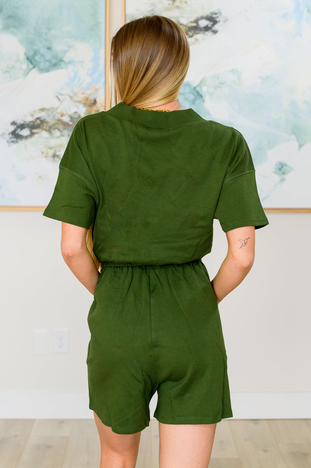 Short Sleeve V-Neck Romper in Army Green-Jumpsuits & Rompers-Modish Lily, Tecumseh Michigan