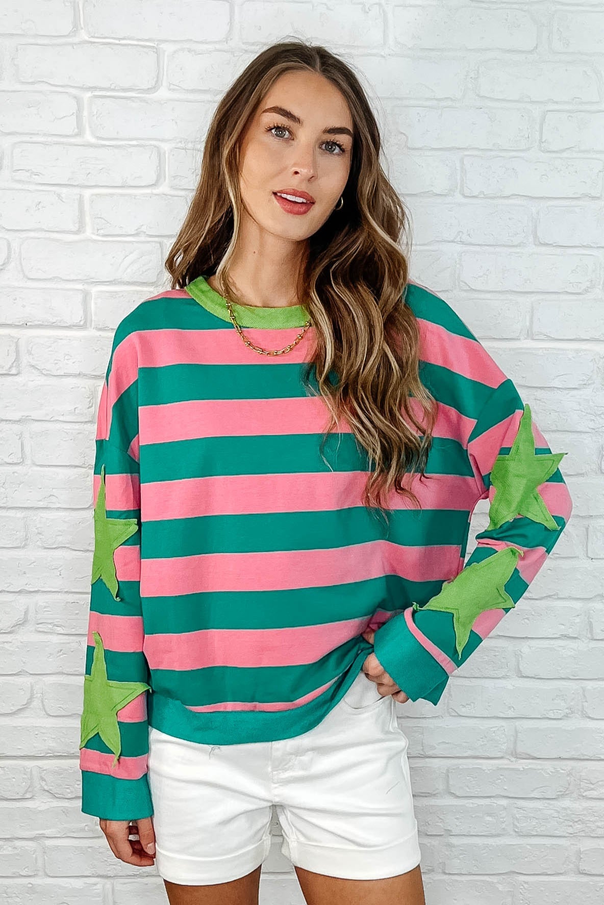 Stars On Stripes Patchwork Striped Sweatshirt-Womens-Modish Lily, Tecumseh Michigan