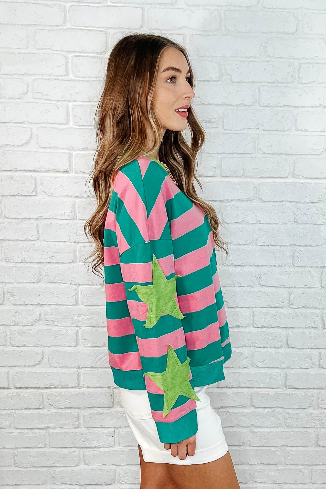 Stars On Stripes Patchwork Striped Sweatshirt-Womens-Modish Lily, Tecumseh Michigan