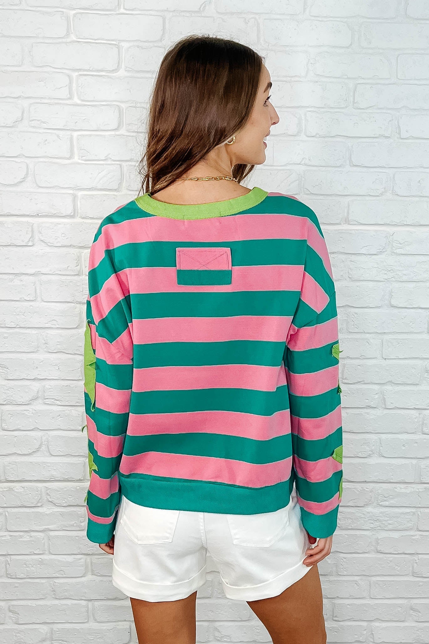 Stars On Stripes Patchwork Striped Sweatshirt-Womens-Modish Lily, Tecumseh Michigan