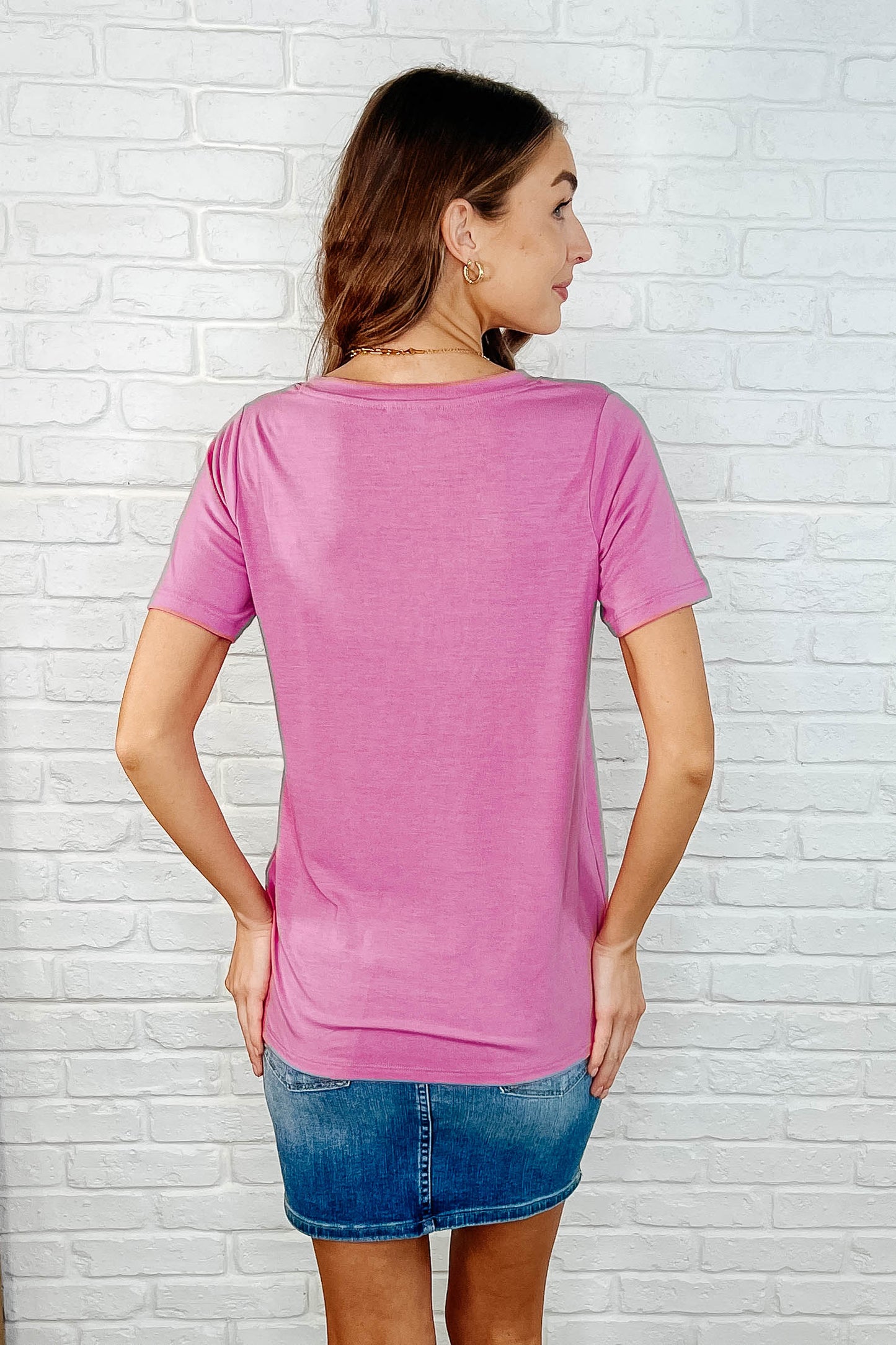 The Every Outfit Basic V-Neck Top in Candy Pink-Womens-Modish Lily, Tecumseh Michigan