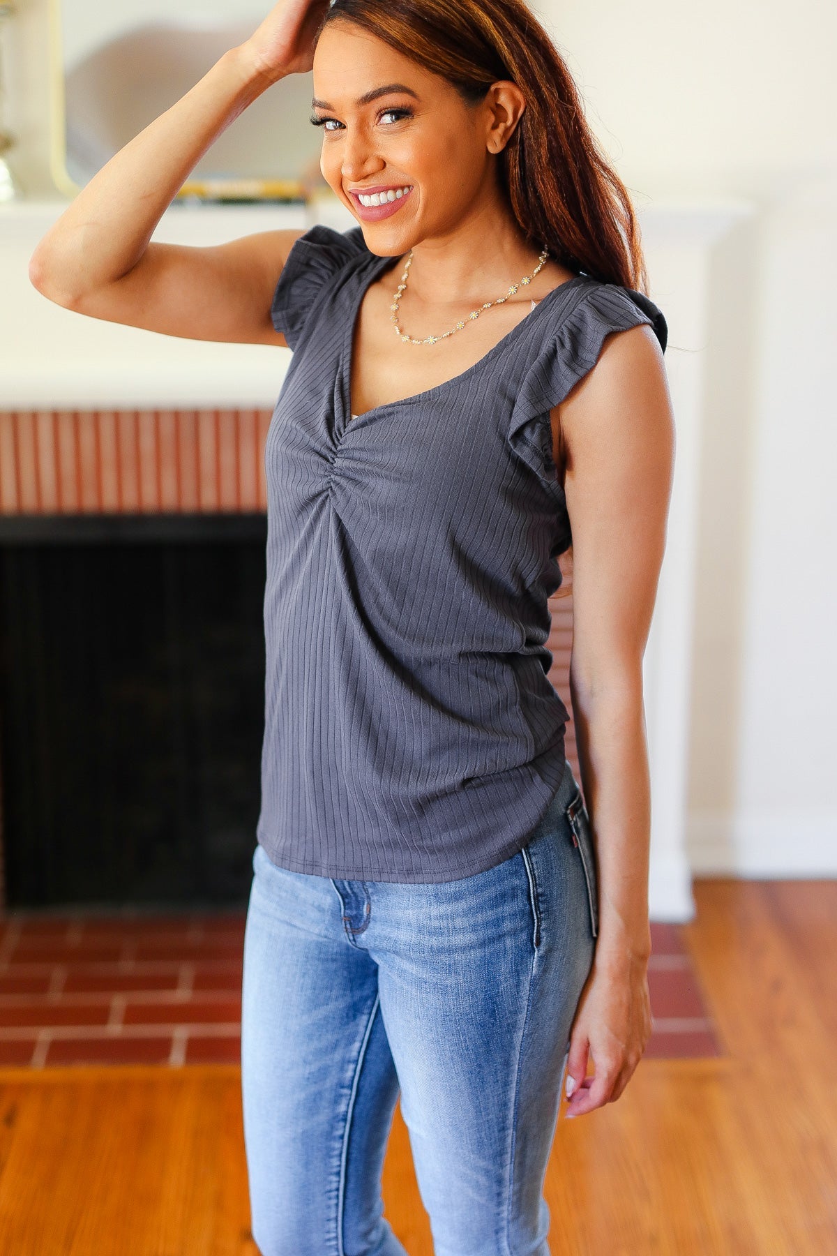 Sunny Days Charcoal Sweetheart Neckline Ribbed Top-Modish Lily, Tecumseh Michigan