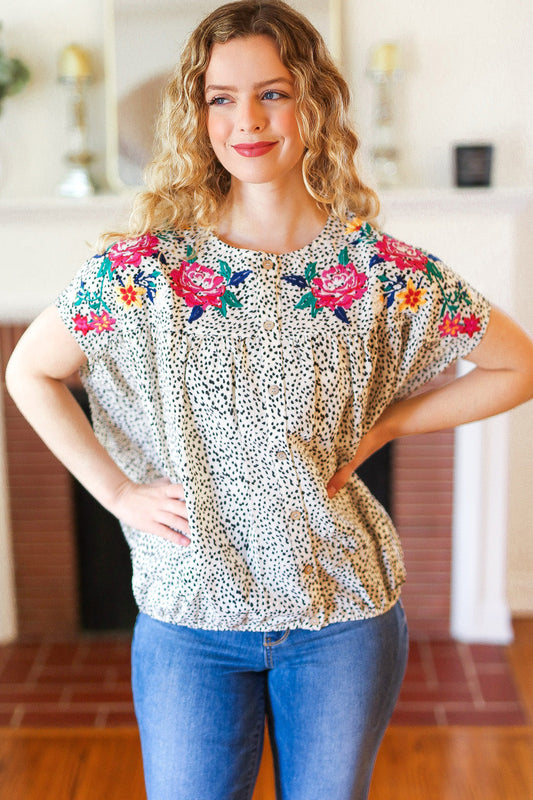 Perfectly Poised Ivory Animal Print Floral Embroidery Button Down Top-Modish Lily, Tecumseh Michigan