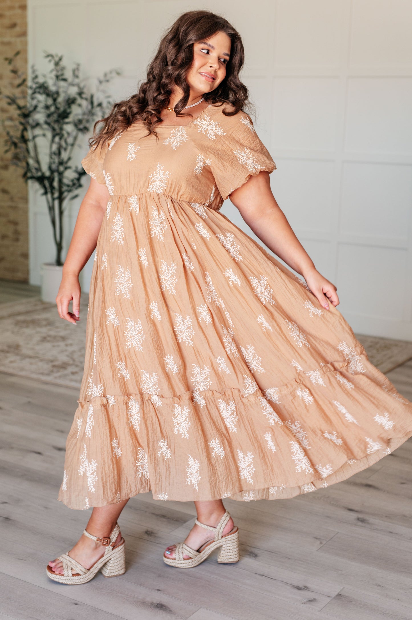 Trusting My Intuition Balloon Sleeve Dress in Camel-Dresses-Modish Lily, Tecumseh Michigan
