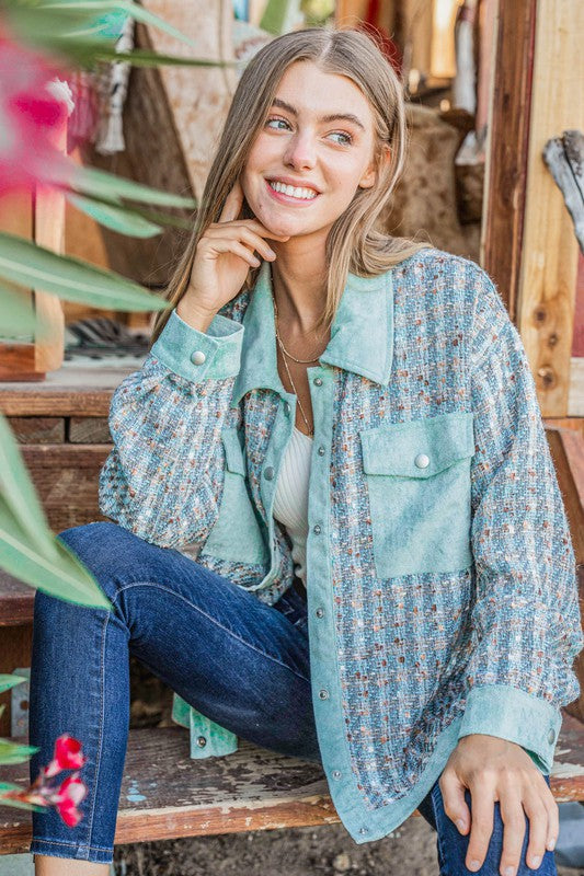 Put Together Turquoise Twill Banded Snap Button Jacket-Modish Lily, Tecumseh Michigan