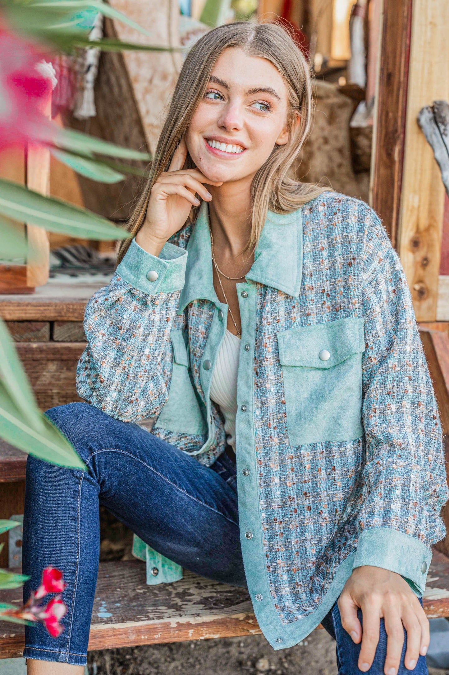 Put Together Turquoise Twill Banded Snap Button Jacket-Modish Lily, Tecumseh Michigan