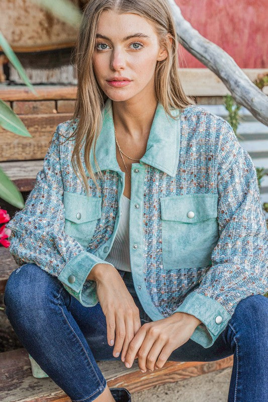 Put Together Turquoise Twill Banded Snap Button Jacket-Modish Lily, Tecumseh Michigan