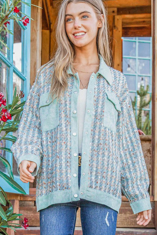 Put Together Turquoise Twill Banded Snap Button Jacket-Modish Lily, Tecumseh Michigan